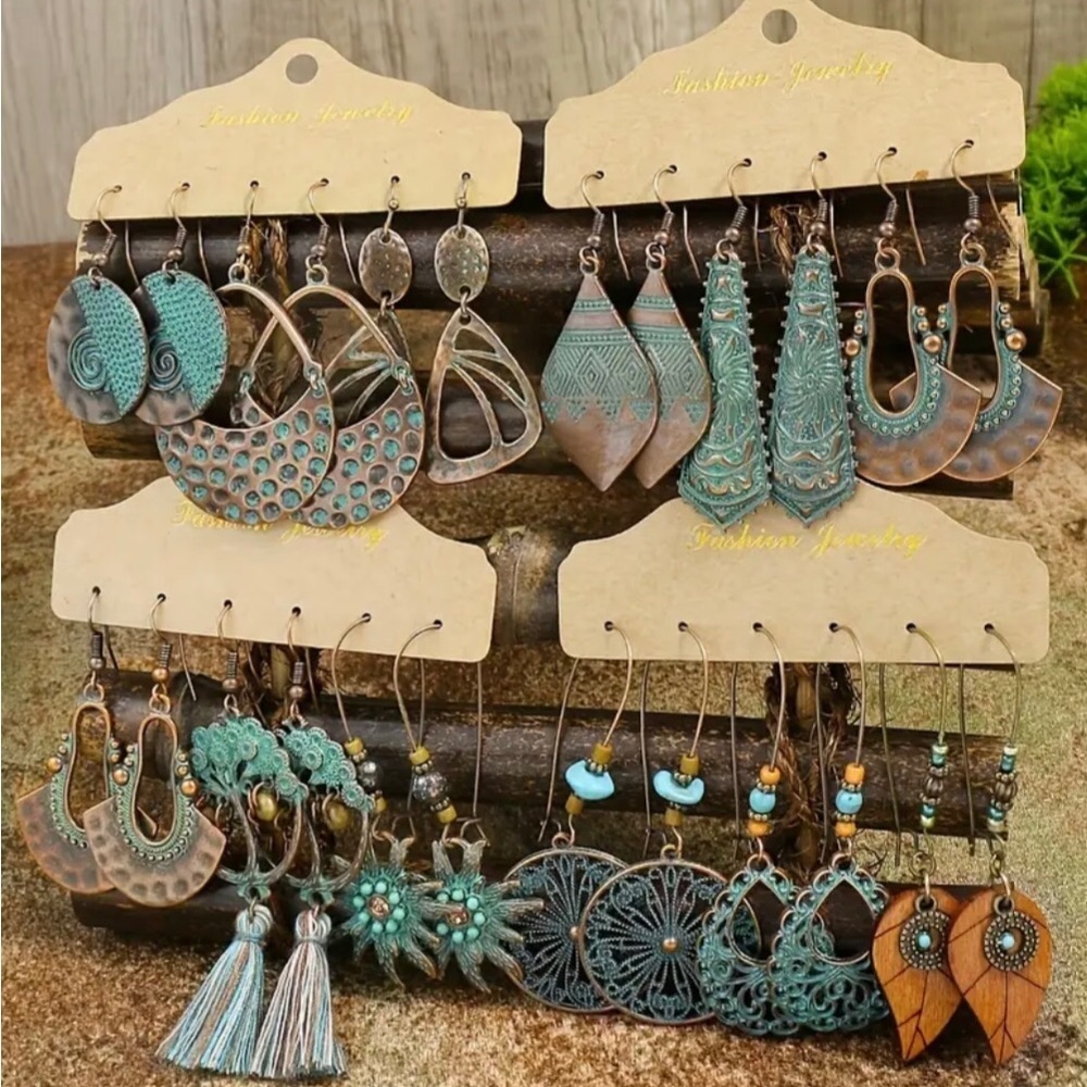 (3) Pairs Fashion Boho Antique Bronze Beaded Metal Embossed Dangle Earrings